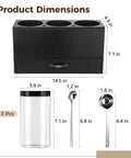 Wood Coffee Bar Organizer Countertop Dispenser Rack With 3 Clear Jars And Pullout Drawer For Coffee Beans Sugar Tea Storage dimensions displayed.