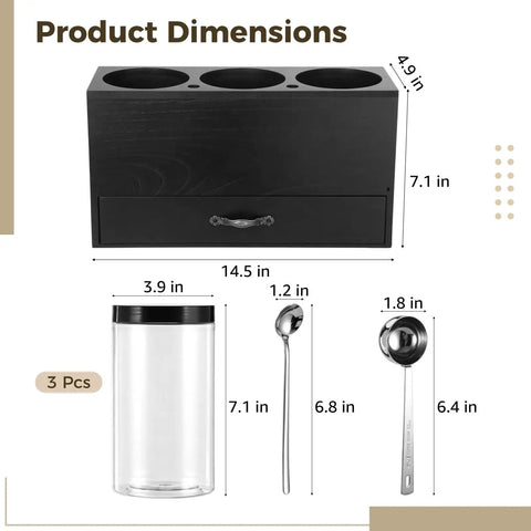 Wood Coffee Bar Organizer Countertop Dispenser Rack With 3 Clear Jars And Pullout Drawer For Coffee Beans Sugar Tea Storage dimensions displayed.