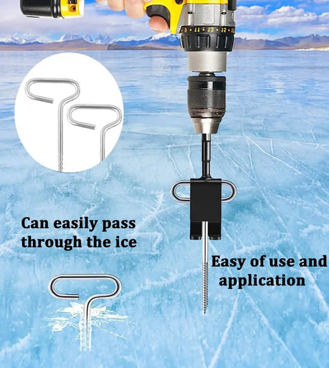 Ice Anchor Tool Kit For Ice Fishing Shelter Setup With Drill Bit Adapters displayed on ice with drill use