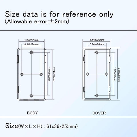 Dimensions diagram of Built Tough Abs Plastic Project Box 8 Piece Set Small Electrical Junction Enclosure For Diy Electronics.