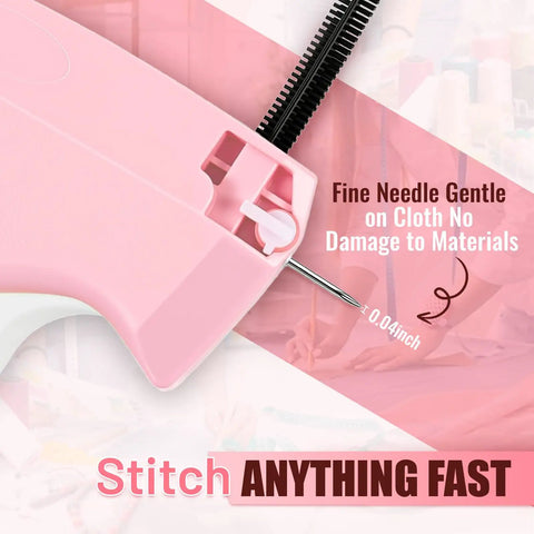 Close-up of pink handheld stitch gun fine needle, text: "Fine Needle Gentle on Cloth" with focus on product size and detail.