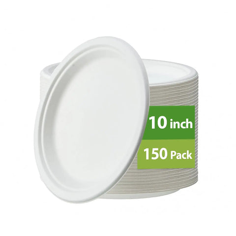 Heavy Duty 150 Count 10 Inch Paper Plates Made From Sugarcane Bagasse White Unbleached Compostable Dinner Plates No Plastic Lining
