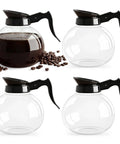 Pro Level Thermal Resistant Glass Coffee Pots 4 Pack 10 Cup 57 Oz Replacement Carafes For Commercial Brewers With Slick Black Handles showcasing coffee and transparent carafes.