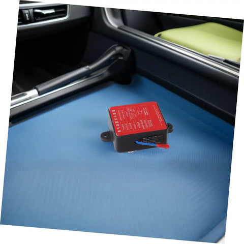 No Sweat Auto Rescue 30G Fire Extinguisher With Super Sticky Back Adhesive For Sedans Trucks And Trailers on blue seat.