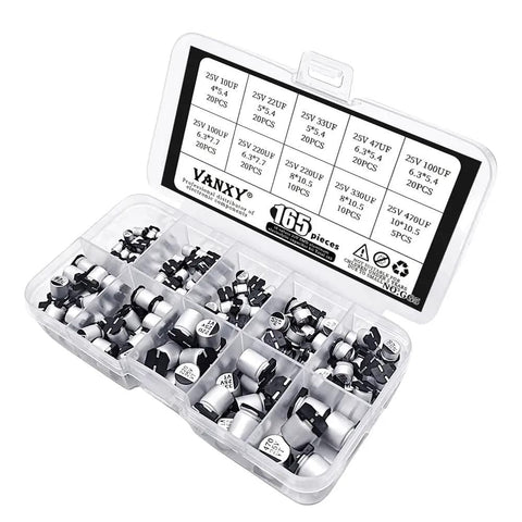 Totally DIY Friendly 165 Piece 25V SMD Aluminum Electrolytic Capacitor Kit With 10 Values From 10uF To 470uF For PCB Builds And Repairs