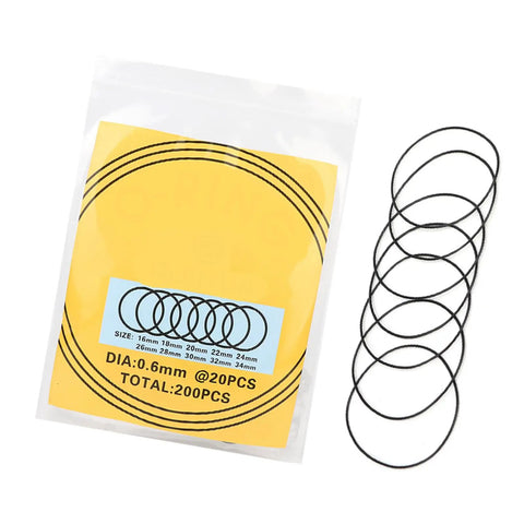 Pro Grade 200 Pcs Watch Gasket Kit 0.6mm Rubber O Rings Set for Watch Repair DIY Gear 16mm to 34mm in 10 Sizes Packet