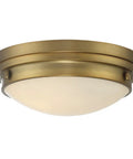 Lucerne Industrial Flush Mount Ceiling Light With White Glass Shades Two Light 120 Total Watts Warm Brass Finish 5 Inch Height
