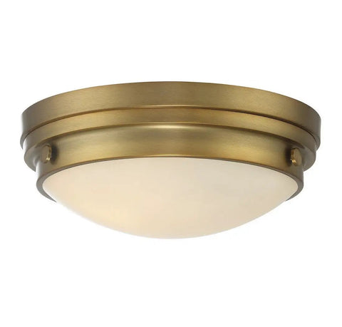 Lucerne Industrial Flush Mount Ceiling Light With White Glass Shades Two Light 120 Total Watts Warm Brass Finish 5 Inch Height