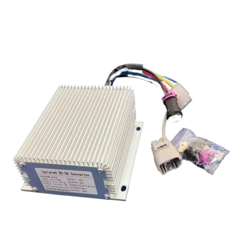 Heavy Hitter 500 Watt 48V To 12V Isolated DC To DC Converter For Electric Vehicles with wiring harness and connectors.