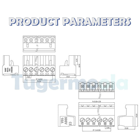 Technical drawing of 28 Sets Screw Terminal Block Connector Assortment Kit With 5.08mm Pitch Pro Grade Quality Includes 2 Pin 3 Pin 4 Pin 5 Pin Connectors For 24 To 12 AWG Cable On PCB OLA007