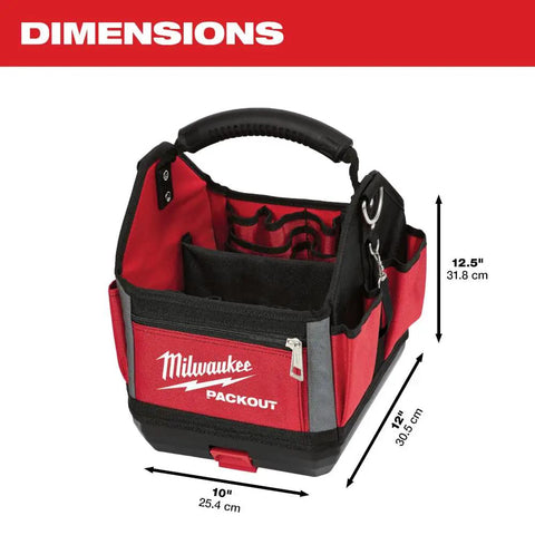 Tough As Nails 10 Inch Packout Storage Tote Rock Solid Tool Organizer With 28 Deep Compartments And Ballistic Nylon Armor For The Work Site Or Garage Space, showing dimensions.