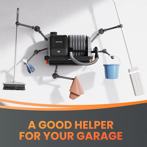 Grandstorm Retractable Wall Mounted Wet Dry Vacuum Cleaner With 30 Ft Hose And 6 Nozzles For Car Detailing displayed on wall