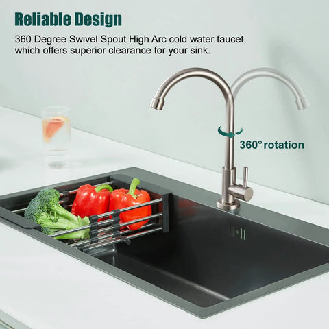 Cold Water Only Kitchen Faucet With 1 Hole, 360 Degree Swivel Gooseneck High Arc Deck Mount next to vegetable rack