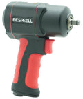 3/8-Inch Stubby Air Impact Wrench, Compact Pneumatic Tool With 600 Ft-Lbs Max Torque, Twin-Hammer Mechanism, Red and Black Design