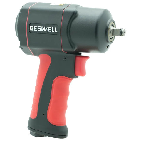 3/8-Inch Stubby Air Impact Wrench, Compact Pneumatic Tool With 600 Ft-Lbs Max Torque, Twin-Hammer Mechanism, Red and Black Design