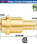 12 Pack One Half Inch Pro Press Fittings for PEX Adapter Copper to PEX B Pipe Lead Free Brass Crimp Couplings, side view