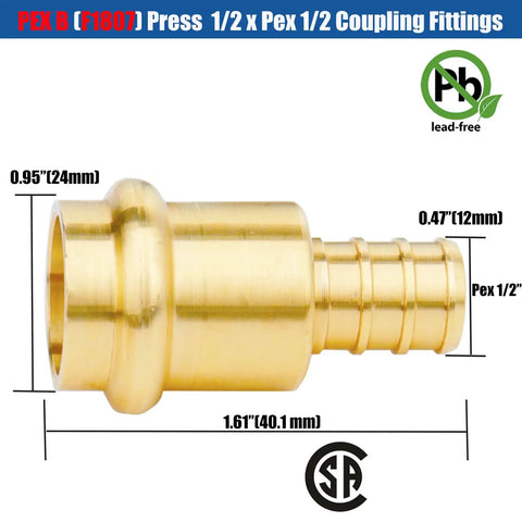 12 Pack One Half Inch Pro Press Fittings for PEX Adapter Copper to PEX B Pipe Lead Free Brass Crimp Couplings, side view