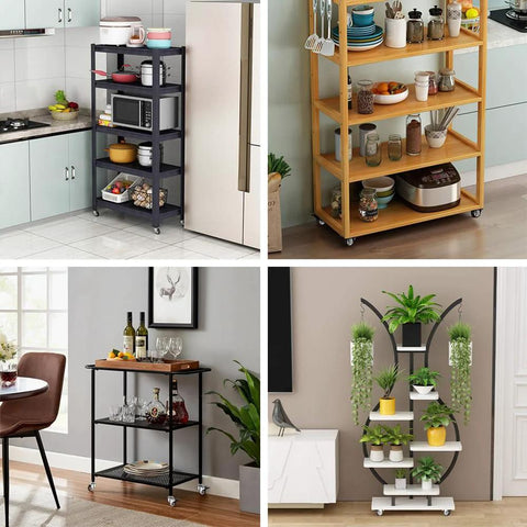Kitchen, living room, and office shelving carts on one inch caster wheels with brakes for easy movement.