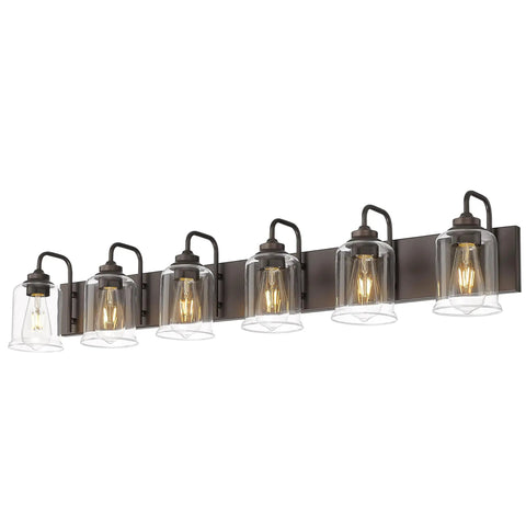 44 Inch Farmhouse Vanity Light Fixture With 6 Lights And Clear Glass Shades In Oil Rubbed Bronze Finish, Dope Industrial Bathroom Lighting