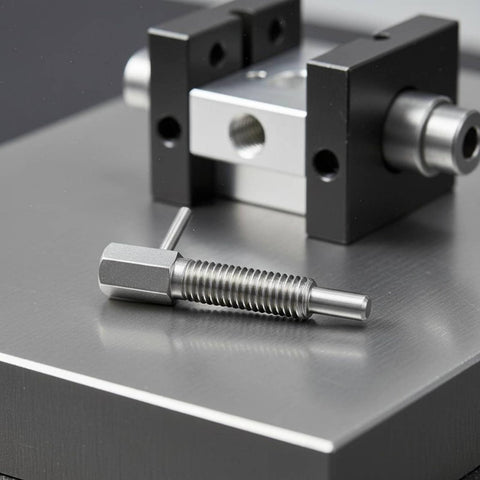 Heavy Duty Spring Indexing Plunger With Rugged L Handle For Snappy Manual Retraction on work surface with fixture.