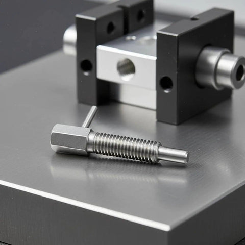 Top Shelf Steel Indexing Plunger Pin With L Grip Handle For Fast Clamping And Dead Tight Security On Custom Shop Jigs and Heavy Duty Workstations, shown on a workstation.