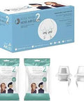 Box and packets of Reusable Nasal Plugs For Breathable Air Filtration, Keeps Dust And Pollution Out And Blocks Cold Air, No Sweat Comfort, Premium Type, 50 Pack, Medium Size, Korean Mulberry Microfiber Filtration For Easy Breathing with visible nasal plugs.