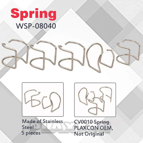 Stainless steel CV0010 spring set, includes 5 pieces, placed against a geometric background and product labels visible.