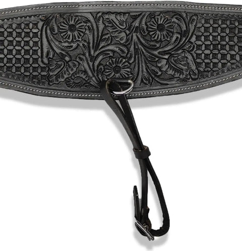 Top Shelf Full Grain Leather Back Cinch Strap For Western Horse Saddle featuring floral tooling and stainless steel ring.