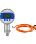 Front view of MEASUREMAN digital remote pressure gauge with round blue-front display, stainless sensor, orange cable.