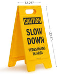 Caution Slow Down Pedestrians In Area Folding Floor Sign 25 By 12 Inches Plastic Black On Yellow Big And Bright Double Sided Durable Sign With Easy Carry Handle For Indoor Or Outdoor Use