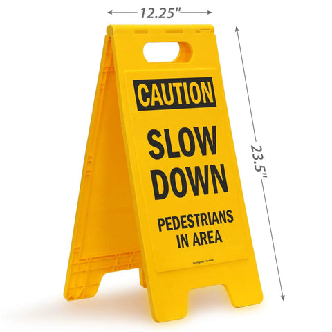 Caution Slow Down Pedestrians In Area Folding Floor Sign 25 By 12 Inches Plastic Black On Yellow Big And Bright Double Sided Durable Sign With Easy Carry Handle For Indoor Or Outdoor Use