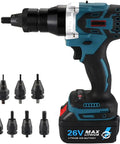 No Wire Tangles 26V Cordless Rivet Nut Gun With Brushless Motor And Dual Lithium Batteries Tough Fastening For Aluminum Steel Fabrication M3 To M12 Reliable Job Site Rivet Kit with multiple nut attachments.