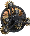 Close-up of Brass Gears Linkage Fidget Spinner With Aluminum Frame And 13 Bearings Delivers Smooth Long Spin Time Of 2 To 4 Minutes