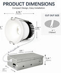 Eclatune 3 Inch LED Recessed Lighting with Junction Box LED Downlight dimensions and installation guide image.
