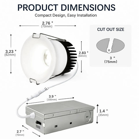 Eclatune 3 Inch LED Recessed Lighting with Junction Box LED Downlight dimensions and installation guide image.