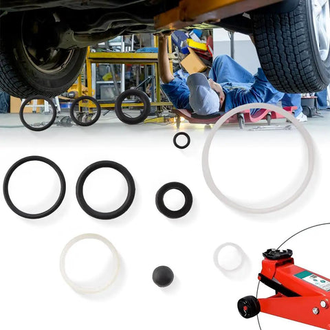 3 Ton Hydraulic Floor Jack Seal Kit 17Pcs O Ring Oil Filler Plug replacement seals in garage with mechanic under car