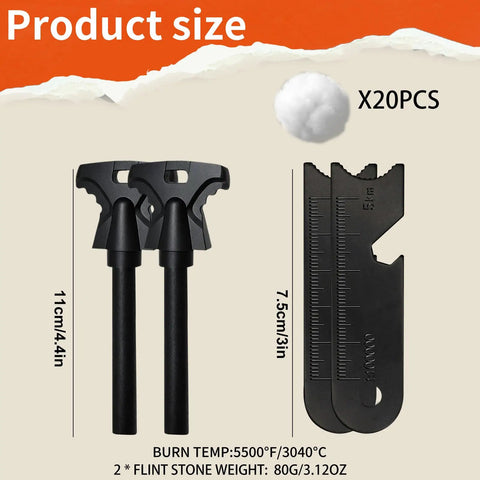 Magnesium Fire Starter With Striker Kit High Temp Ferro Rod Fire Starter Survival Tool With 20 Pack Waterproof Tinder