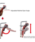 Heavy Duty Ratcheting Table Clamp Hardcore Rail Fixture For Woodworking, with adjustable ratchet open angle feature.