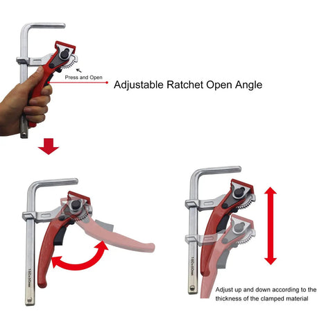 Heavy Duty Ratcheting Table Clamp Hardcore Rail Fixture For Woodworking, with adjustable ratchet open angle feature.