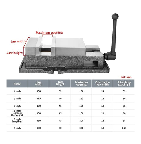 Top Shelf Heavy Duty Milling Vise With Flat Jaw Design Delivers Hella Tight Locking Power On Cnc Workbenches dimensions labeled
