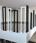 Slick Matte Black U Shape Indoor Outdoor Stair Railing, Heavy Duty Wrought Iron Handrail With Square Tube Cover, Built Tough For Porch Loft And Steps, Tough As Nails Industrial Build 2Pcs Set with black and white posts.