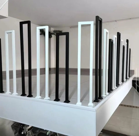 Slick Matte Black U Shape Indoor Outdoor Stair Railing, Heavy Duty Wrought Iron Handrail With Square Tube Cover, Built Tough For Porch Loft And Steps, Tough As Nails Industrial Build 2Pcs Set with black and white posts.