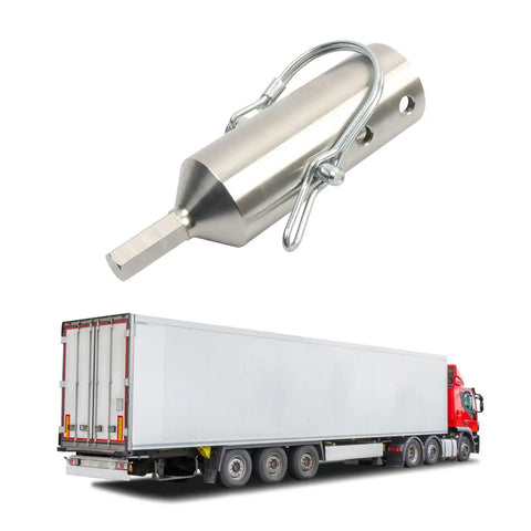 Beefy Heavy Duty Stainless Steel Trailer Hitch Adapter Link Fits One Inch Drive Shafts with pin attachment and truck in background.