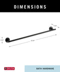 Dimensions illustration of matte black 24 inch towel bar for bathroom and kitchen, showing corrosion resistant, airflow design.