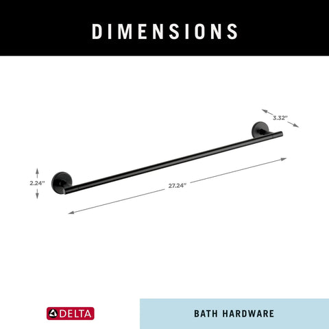 Dimensions illustration of matte black 24 inch towel bar for bathroom and kitchen, showing corrosion resistant, airflow design.