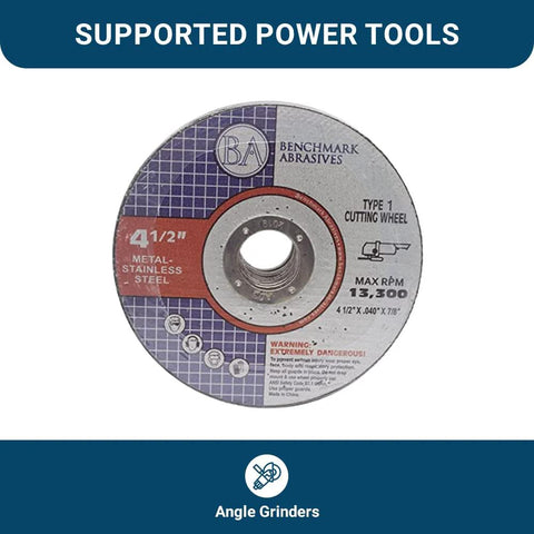 Front view: Benchmark Abrasives 4-1/2 in aluminum oxide Type 1 cutting wheel for metal, 0.040 in thick, 7/8 in arbor