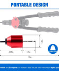 Heavy Duty Rivet Nut Tool Kit Compatible With Electric Drill And Ratchet Wrench showing red rivet tool with dimensions, suitable for tight spaces.