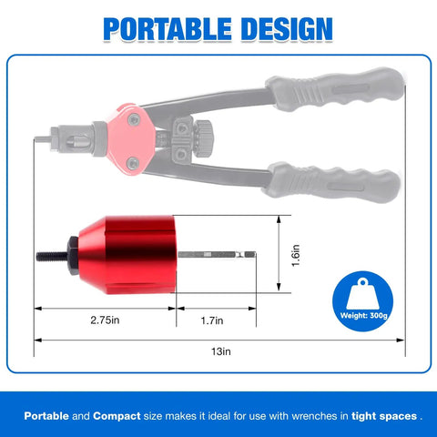 Heavy Duty Rivet Nut Tool Kit Compatible With Electric Drill And Ratchet Wrench showing red rivet tool with dimensions, suitable for tight spaces.