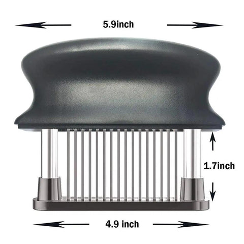 Meat Tenderizer With 48 Stainless Steel Needle Blades Heavy Duty Pro Grade Kitchen Tool side view, ergonomic handle and needles