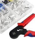All In One Wire Ferrule Kit With Crimp Terminals And Self Adjustable Ratchet Tool, 440 pcs, showing ferrules and tool.